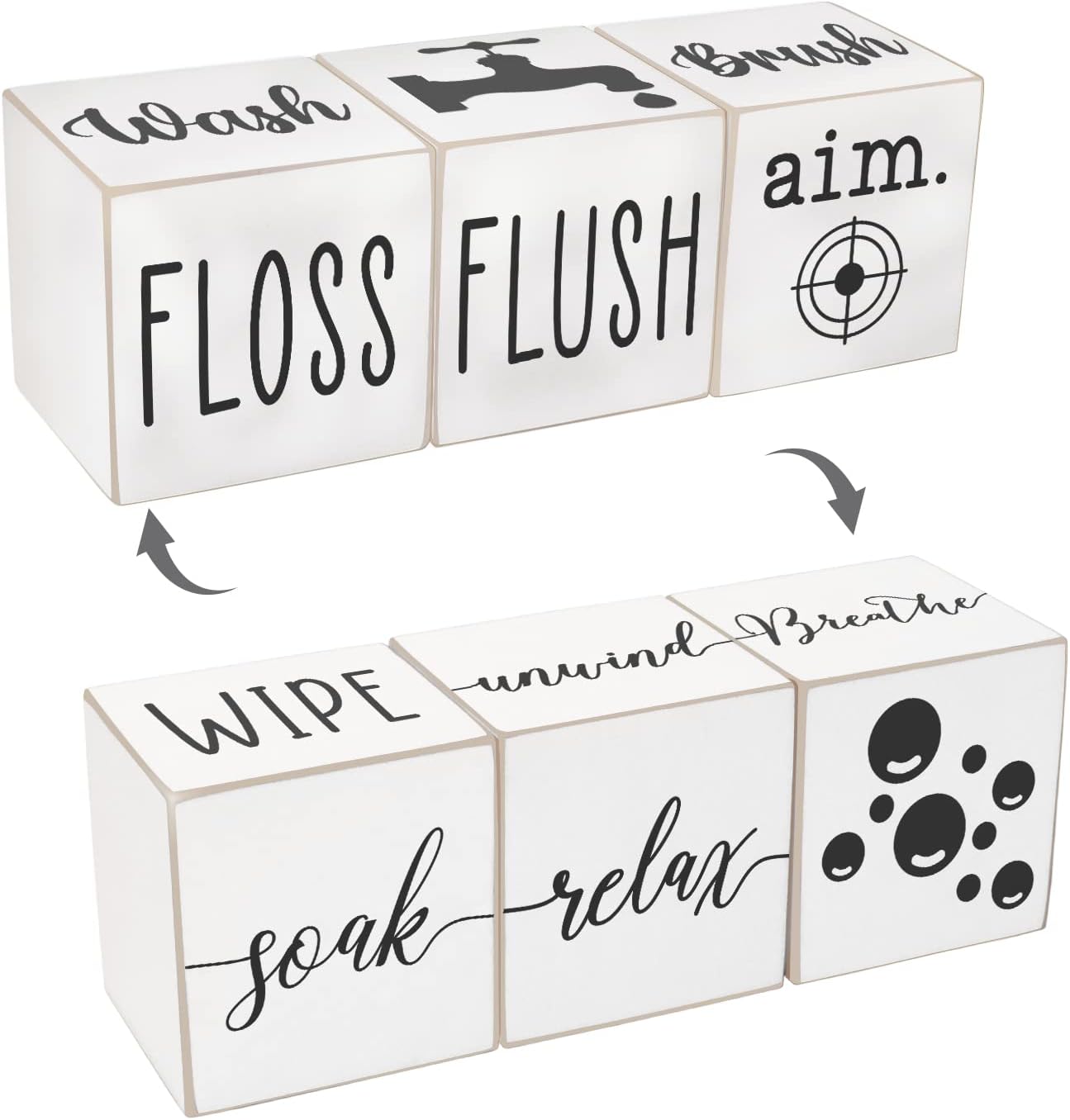 Farmhouse Funny Bathroom Decor, 4-Sided Wooden Blocks, Country Rustic Cute Bathroom Sign for Shelf, Black and White House Home Decorations Accents, 2.8