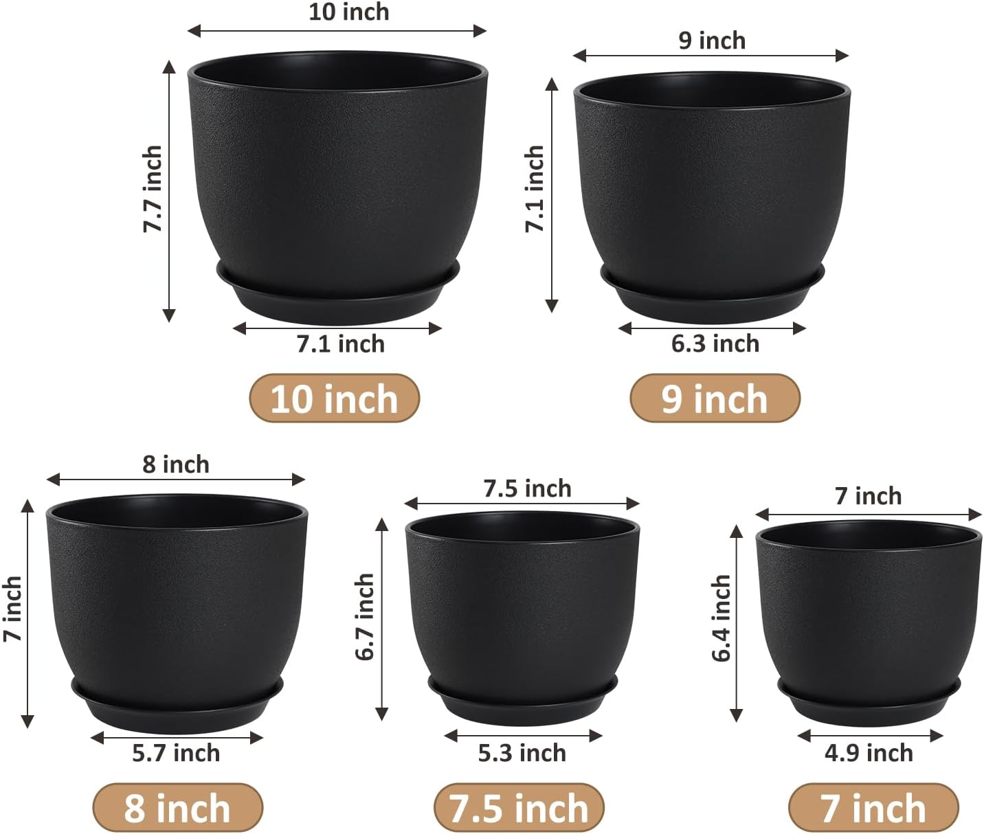 Plant Pots 10/9/8/7.5/7 inch Set of 5,Flower Pots with Multi Mesh Drainage Holes, Large Planters for Indoor Outdoor Garden Plants and Flowers. (Black)