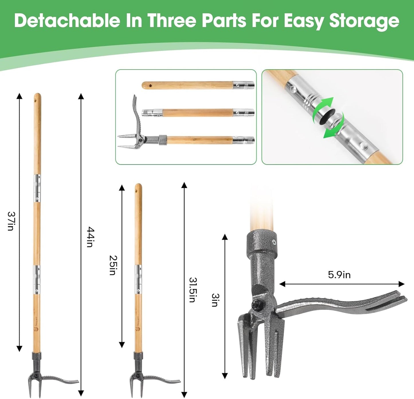Weed Puller-The Original Stand Up Weed Puller Tool,Adjustable 44-31.5" Bamboo Handle with Heavy Duty 4-Claw Cast Steel Head - Foot Step Design, No Bending Required - Garden & Yard Weeder