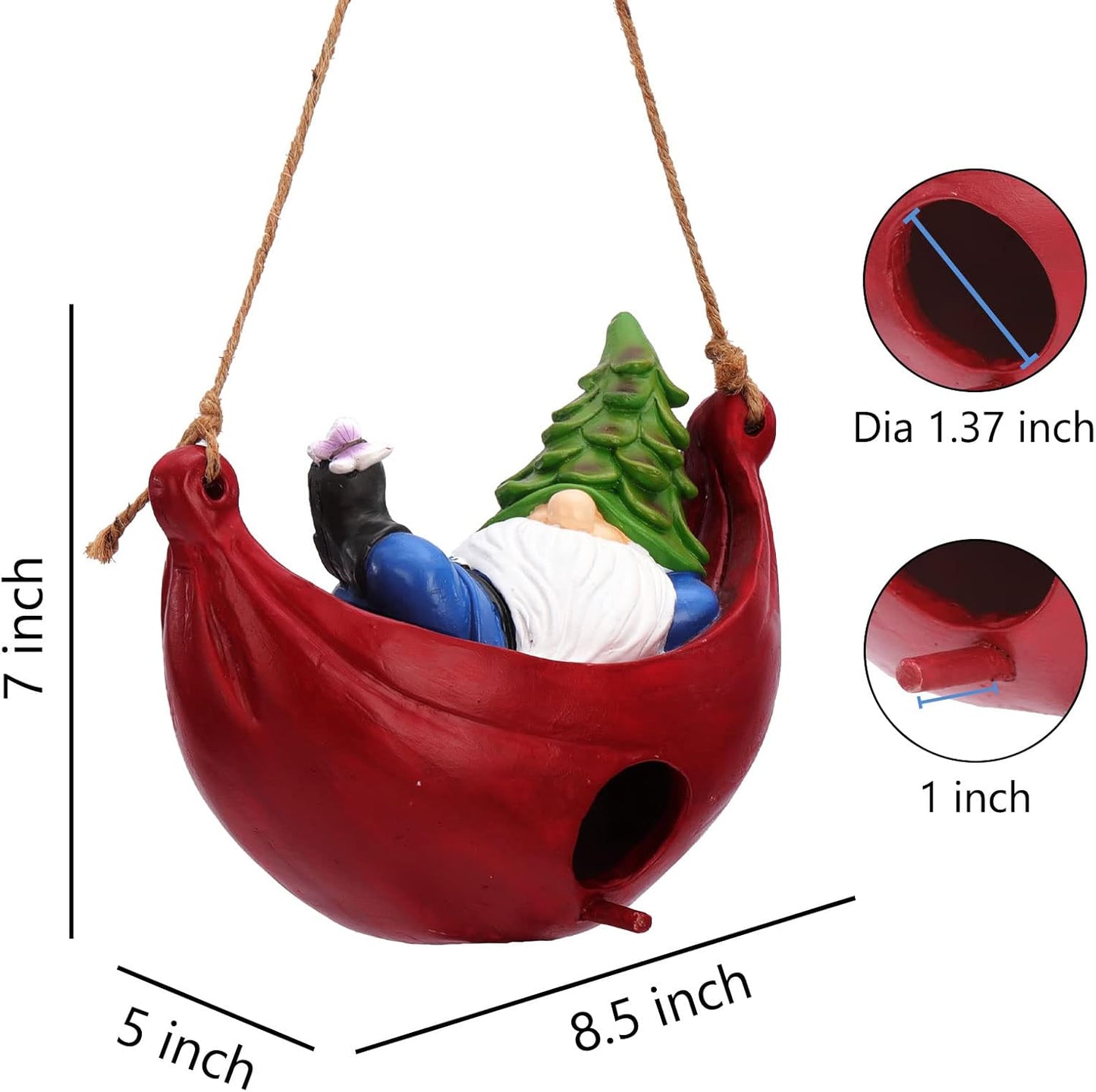 BAYN Bird House for Outside, Hanging Handcrafted Hammock Gnome Resin Outdoor birdhouses Humming Bird, Bluebird, Wren, Camper Hanging Houses nest cage