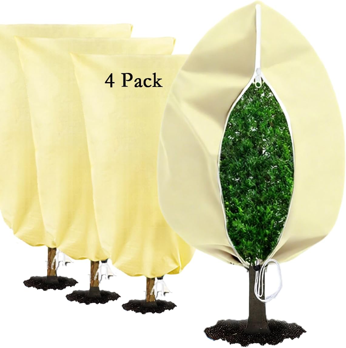 gardtree Winter Plant Frost Protection Covers 31.5" x 47.2" 4 Packs, Thicker 2.4oz/yd² Garden Cold Weather Tree Covers Freeze Protection Wrap with Zipper Drawstring for Shrub Fruit Tree, Potted Plants