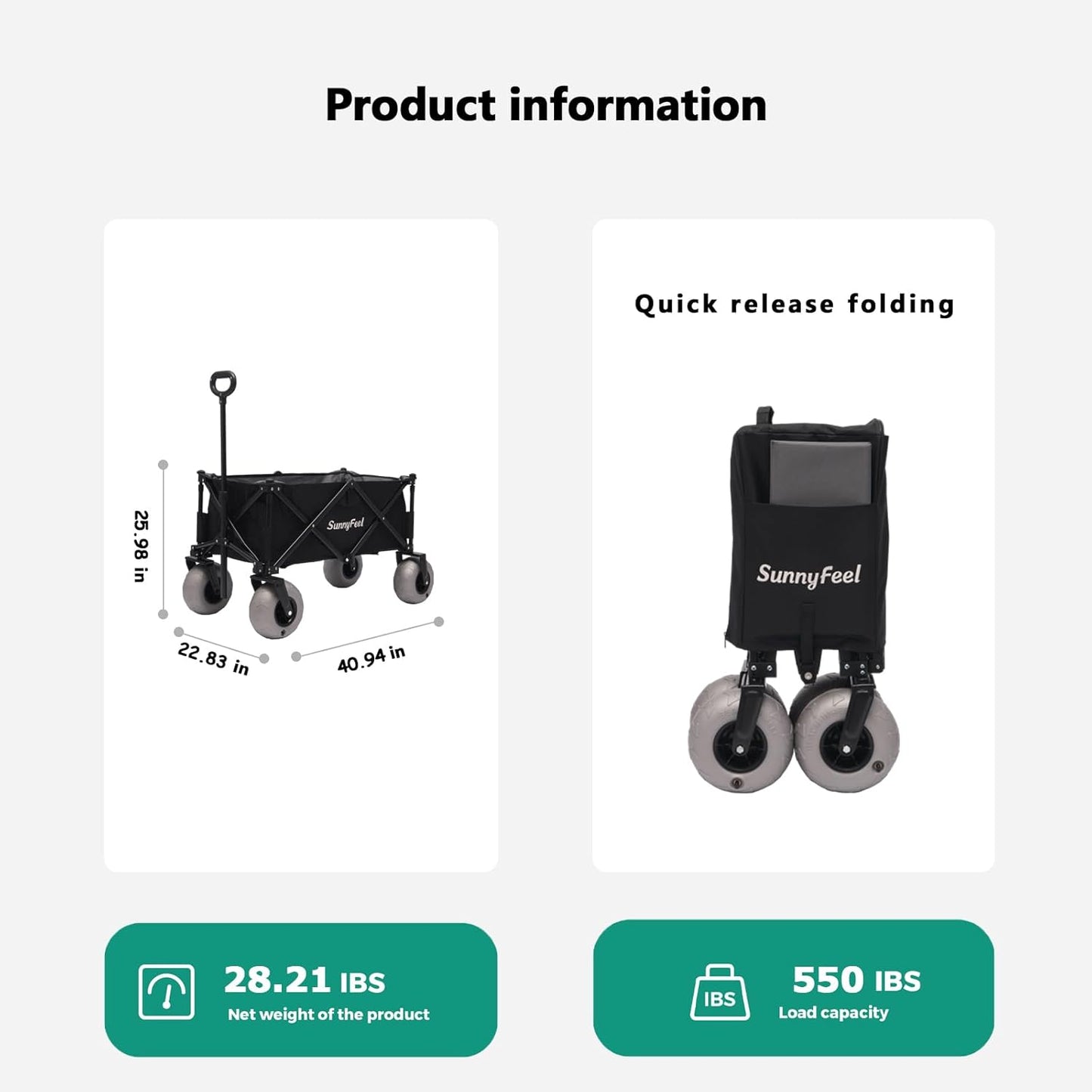 SUNNYFEEL 41''L 550lbs Heavy Duty Beach Wagon with 9" Balloon Tires, 200L Fold Up Wagon Cart Foldable with Side Pocket and Brakes for Camping Sports Garden Shopping (Black)