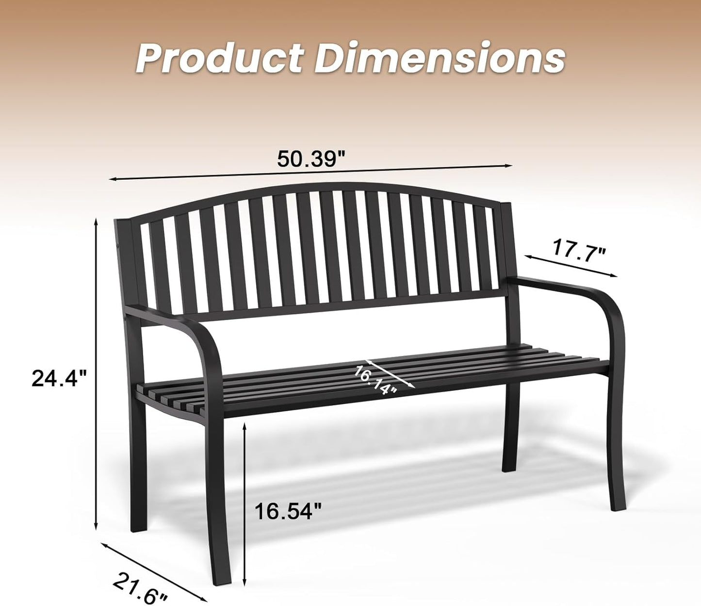 50'' Outdoor Garden Bench, Weatherproof Wrought Iron Metal Patio Bench with Mesh Pattern Backrest, for Front Porch, Park, Yard, Gardens