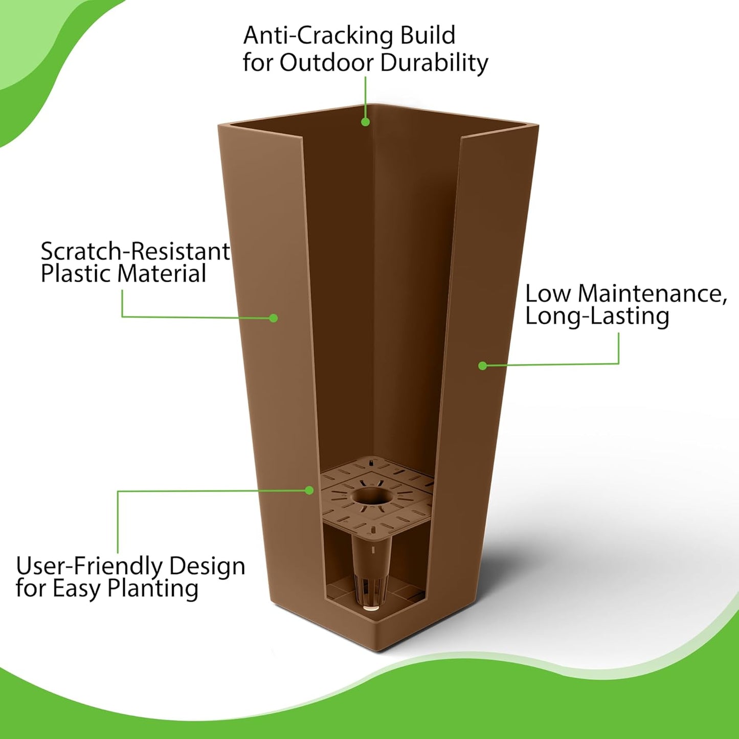 FENCY Set of 2 Tall Planters for Outdoor Plants, 24 Inch Large Tapered Pots with Drainage Trays, Weather-Resistant Plastic Plant Containers for Patio, Porch, Garden, Front Door Decor,Brown