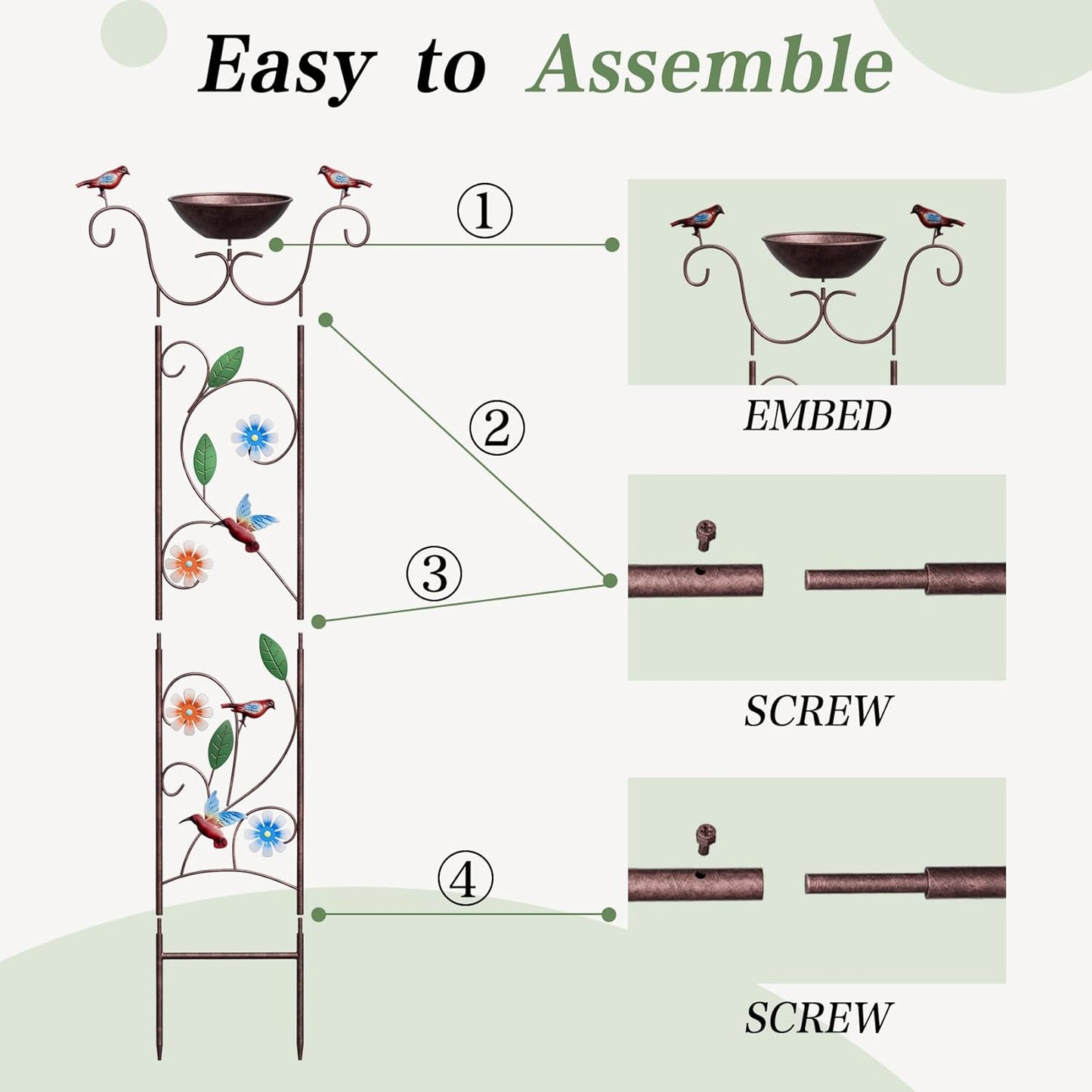 Bird Bath for Outside - Antique Iron Bird Bath with Trellis,Detachable Decorative Hummingbird Bowl,Metal Plant Support for Climbing Flowers,Elegant Outdoor Garden Feature (Hummingbird)