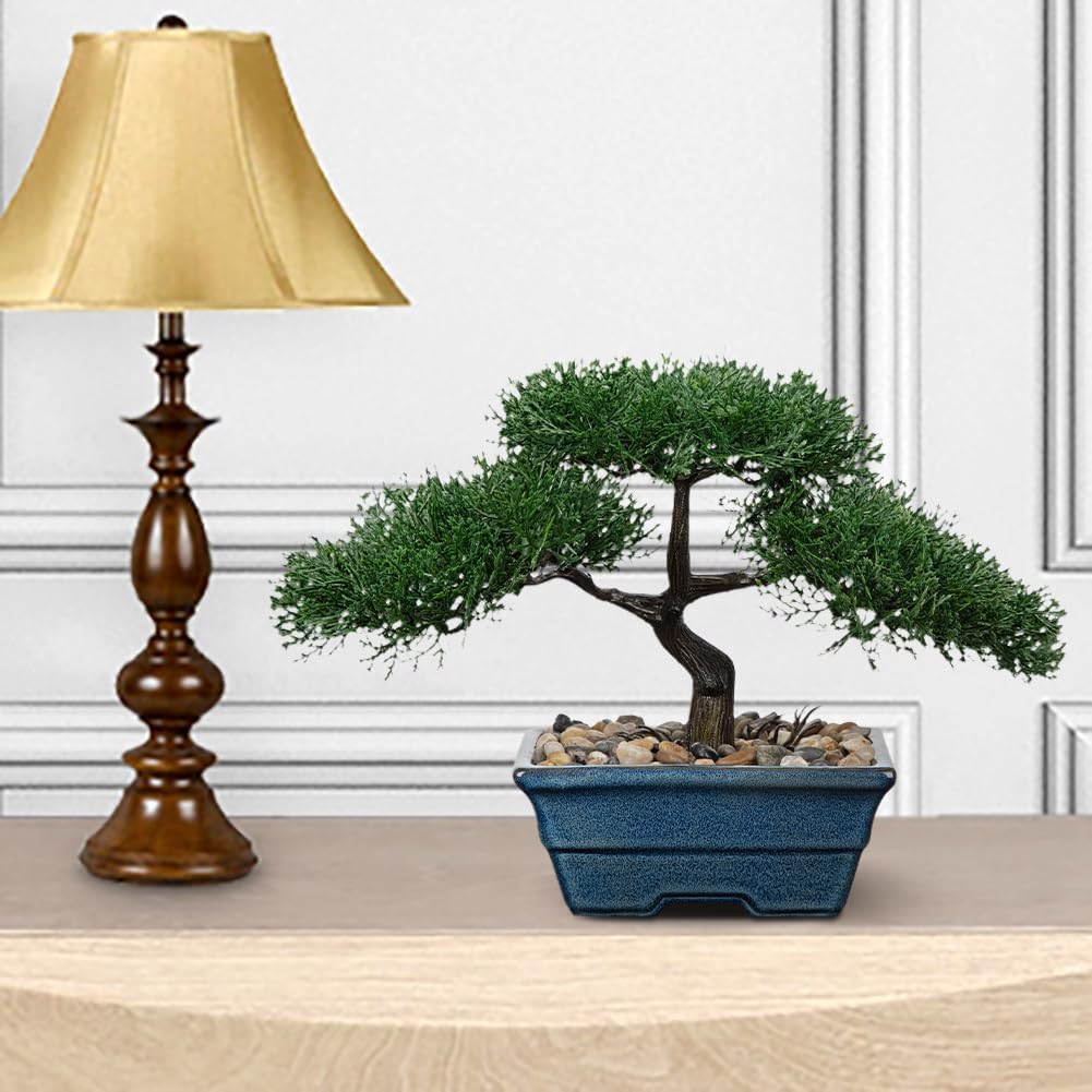 Artificial Bonsai Tree Juniper Faux Plants Indoor Fake Plants Decor with Blue Ceramic Pots for Home Table Office Desk Bathroom Shelf Bedroom Living Room Farmhouse Decorations-Pine