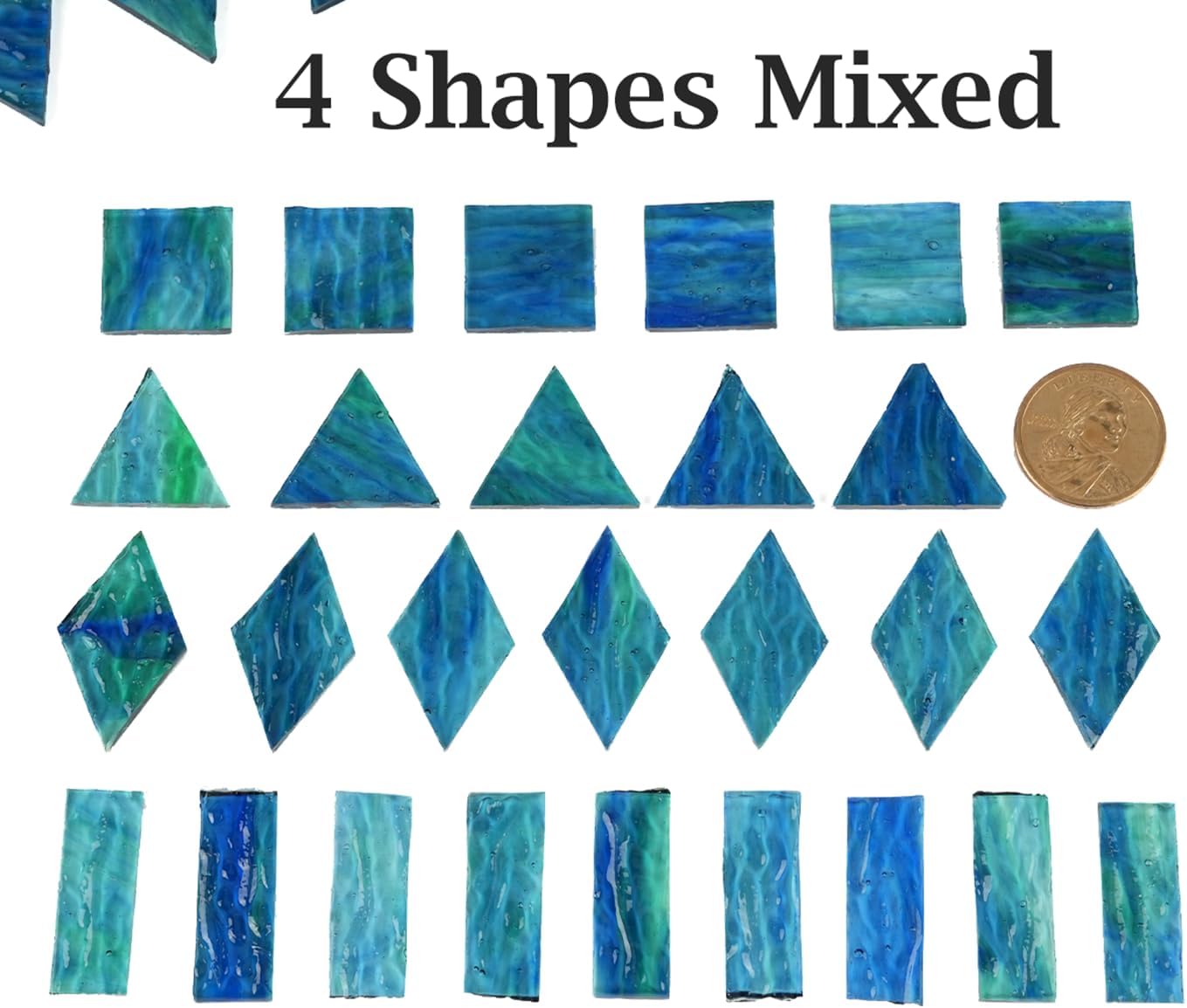 200g Transparent Mosaic Glass Tiles, Large Stained Glass Pieces for DIY Mosaic Craft Supplies, 4 Shapes Mosaic Glass Tiles for DIY Mosiac Present, Pond Water Blue