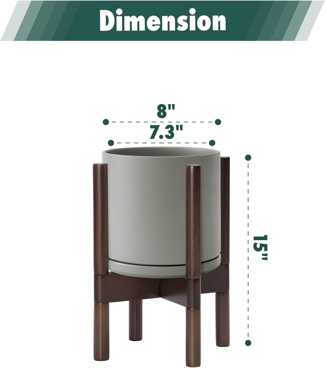 D'vine Dev Ceramic Planter with Walnut Color Stand - 8 Inch Modern Round Flower Pot with Wood Planter Holder, Grey, 55-B-Y-3