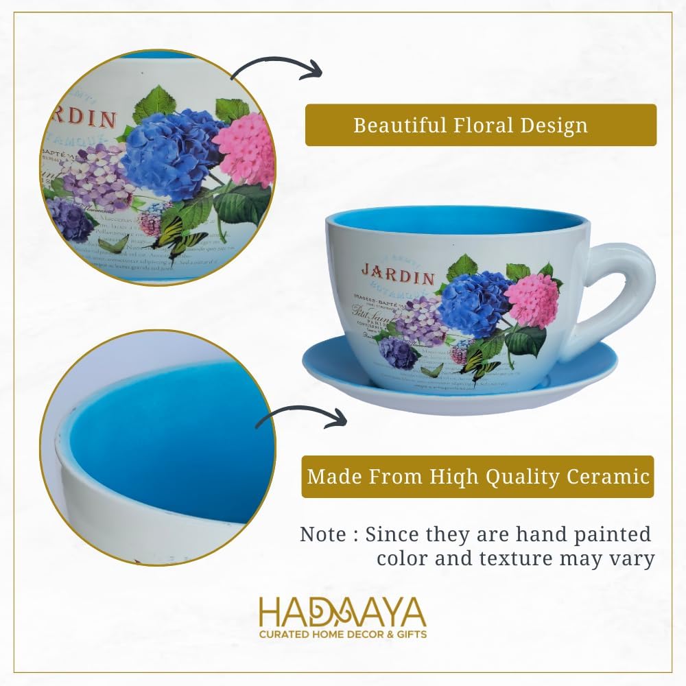 7.5" Ceramic Teacup Planter Pot with Saucer | Ideal for Succulents, Orchids, Herbs & Flowers | Indoor Use| Thoughtful Gift for Birthday, Gift Basket, Sympathy & More – Blue Hydrangea Jardin