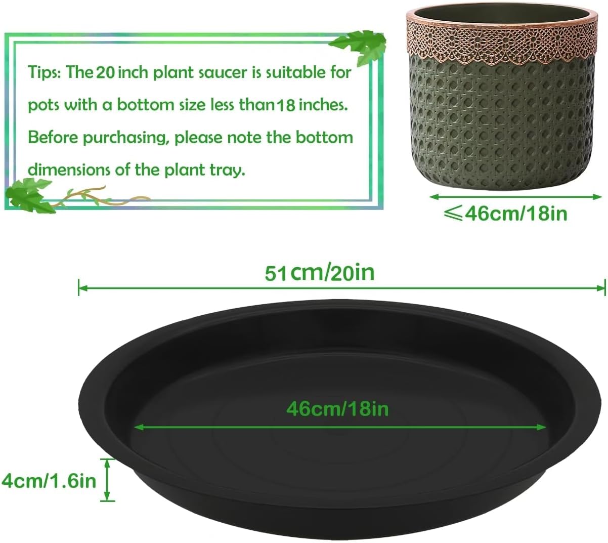 8 Pack 20 Inch Round Plant Saucers for Less 18 Inch Pot Indoors Outdoors Plant Trays for Pots Planter Saucer Plastic Drip Tray Flower Planter Water Tray for Potted Plants (Black, 20"(8pcs))