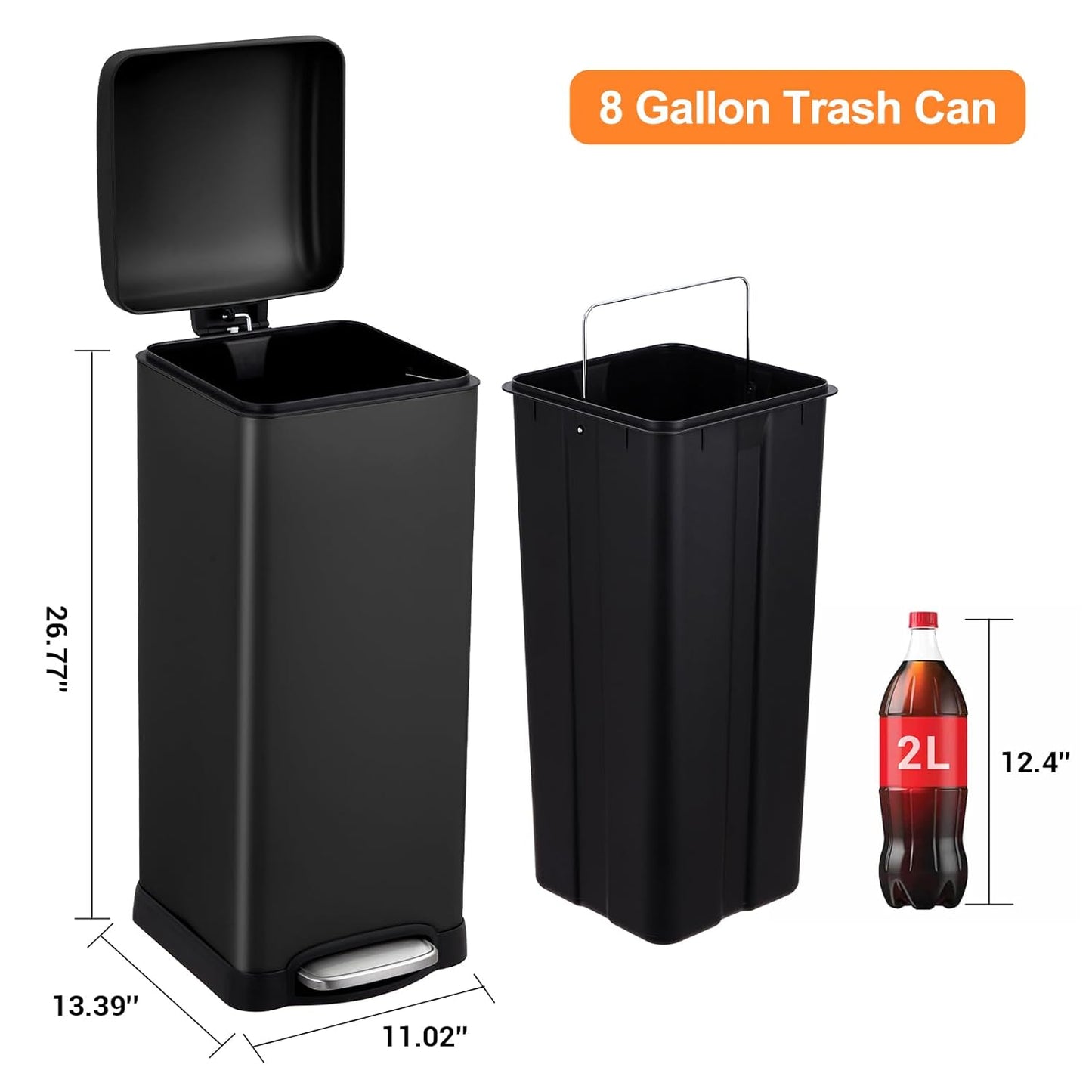 8 Gallon/30 L Kitchen Trash Can, Fingerprint-Proof Stainless Steel Garbage Can with Soft Close Lid, Foot Pedal, Removable Inner Bucket for Home, Office, Bedroom, Bathroom, Black