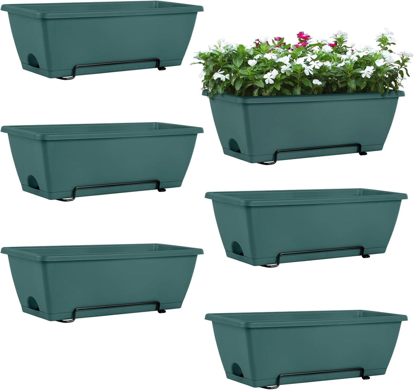 HAITRAL Railing Planter Boxes (16.9 Inch, 6 Pack) Green Plastic Deck Rail Planters for Outdoor Plants, Hanging Window Boxes with Drainage Tray for Over Rail Porch Fence,Balcony & Home Decor
