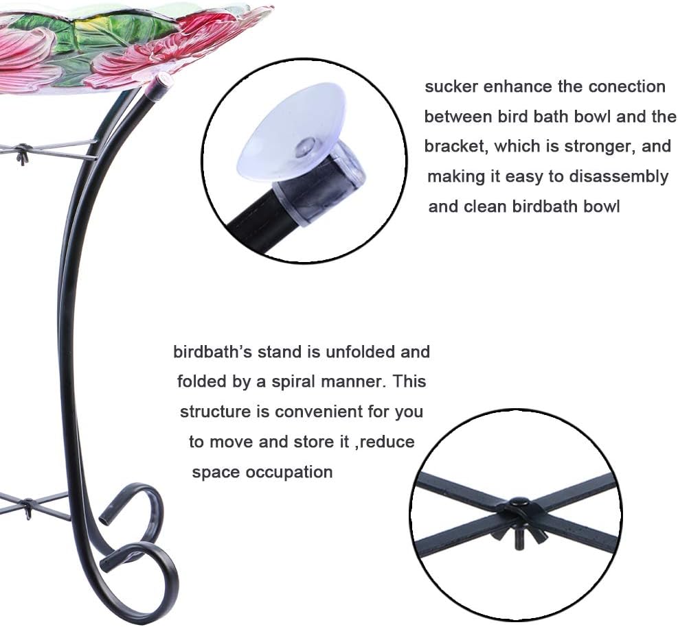 MUMTOP Outdoor Glass Birdbath with Metal Stand for Lawn Yard Garden Hummingbird Decor,18” Dia 21.65” Height