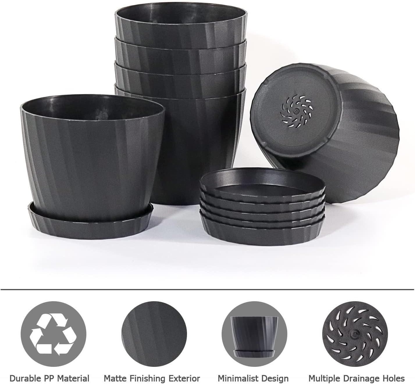 7 Inch Plant Pots Bulk, 6 Pack Plastic Planters with Drainage Holes and Saucers for Indoor Outdoor House Plants and Flowers, Black