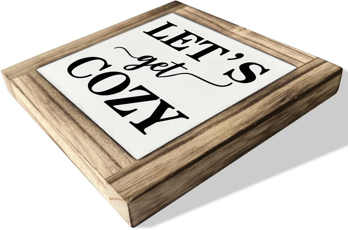 Inspirational Wood Signs, Box Wood Plaques Desk Décor, Farmhouse Home Decor Sign for Shelf, Family Table Decor for Kitchen Bedroom Dining Room, Living Room Decor, Housewarming Gift, Let's Get Cozy