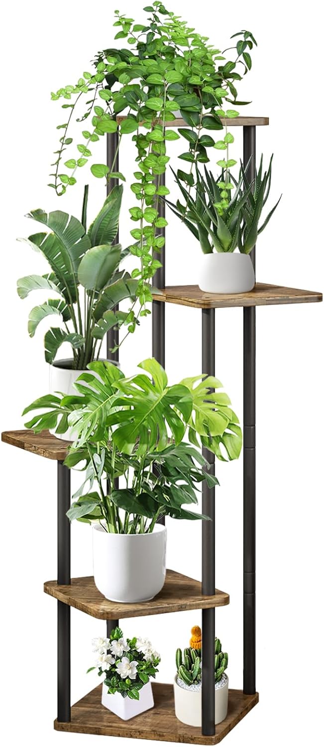 5 Tier Wood Tall Plant Stand Metal Rack Indoor, Multiple Flower Pot Holder Shelves Corner Rack, Planter Shelf Display Rack Storage Organizer for Patio Living Room Balcony Garden(Black)