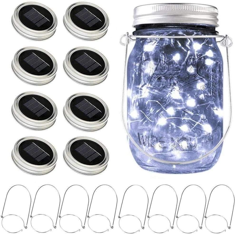 SunKite Solar Mason Jar Lights [Updated], 8 Pack 20 LED Waterproof Fairy Firefly Jar Lids String Lights with Hangers(NO Jars), Patio Yard Garden Wedding Decoration - Cool White