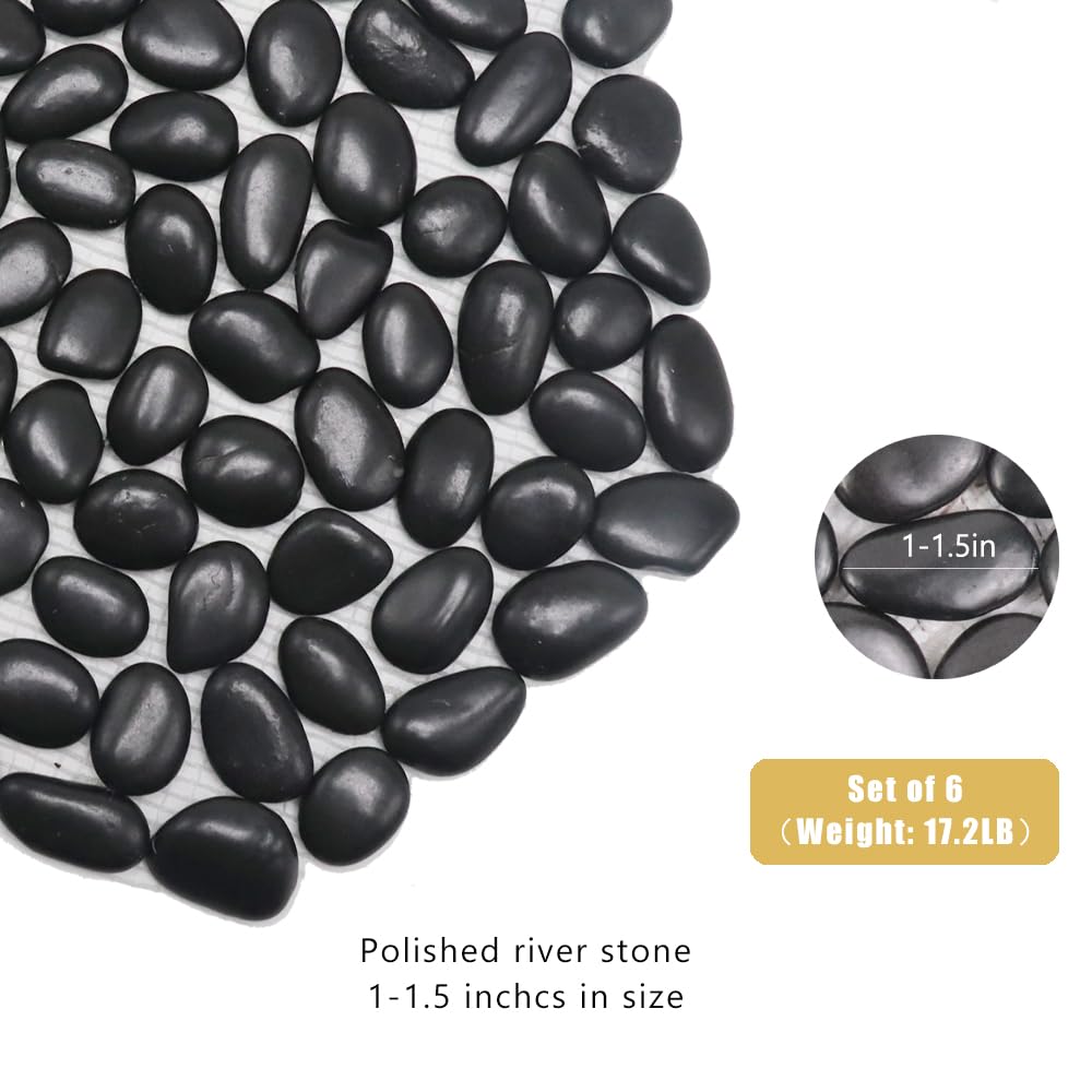 12 inch River Rock Stepping Stone - Pavers for Outdoor Garden Walkway, Landscaping - Polished Pebble Step Stones for Patio Yard Lawn Pathway, Set of 6 (Hexagon, Black)