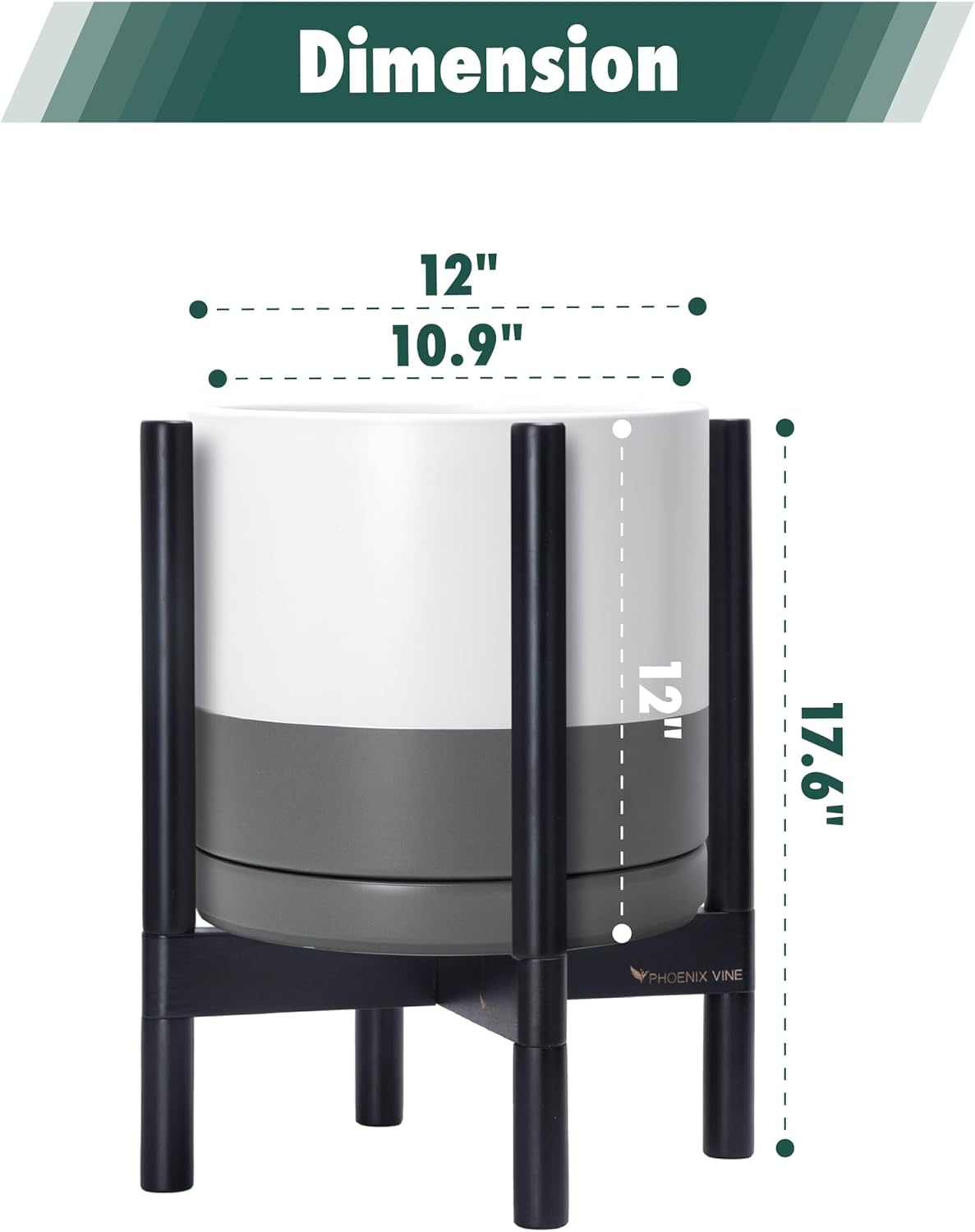 D'vine Dev Ceramic Planter with Ebony Stand - 12 Inch Modern Round Flower Pot with Wood Planter Holder, White/Grey, 55-B-H-6
