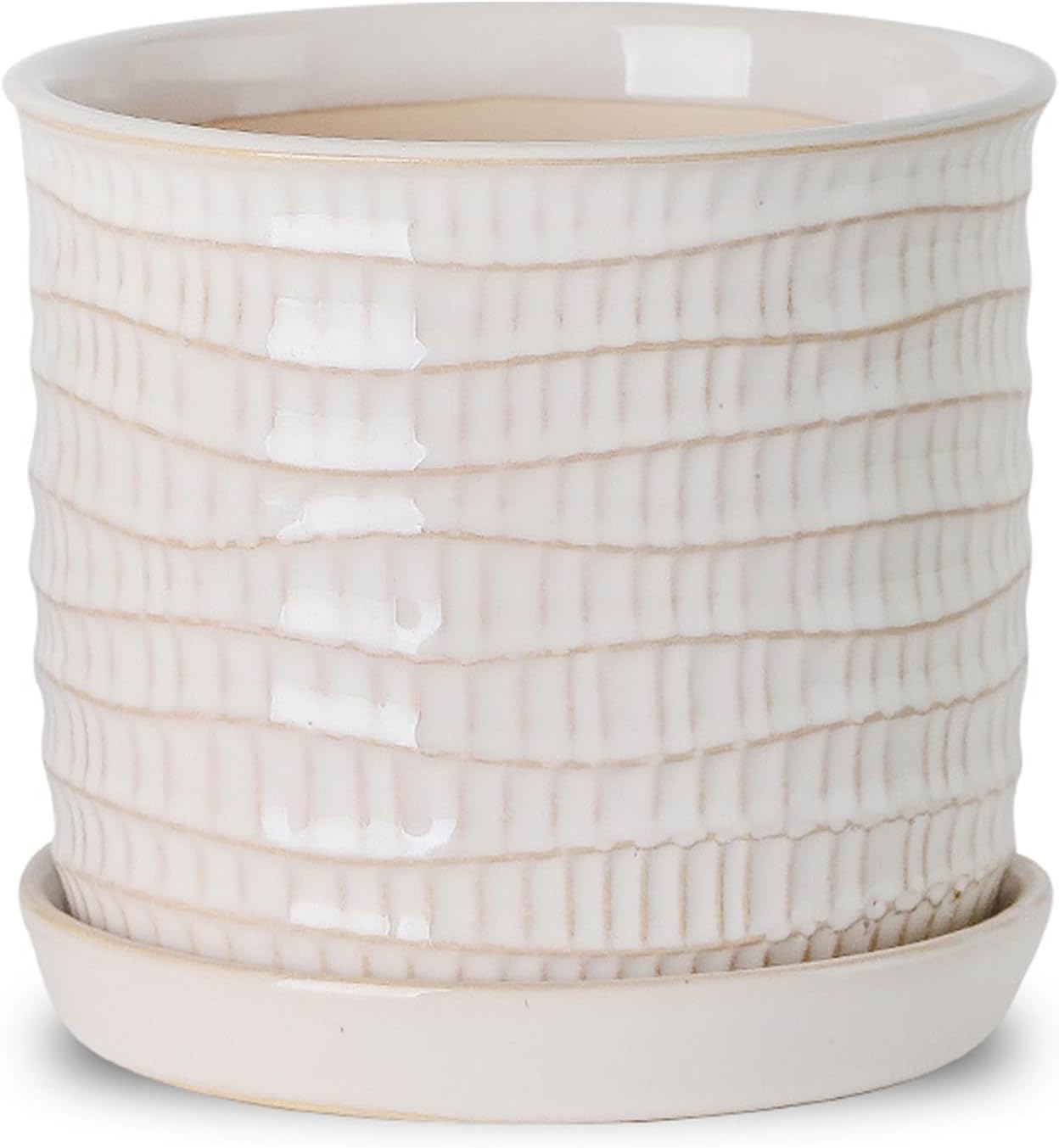 5.8 Inch Plant Pot: Ceramic Planter with Drainage Hole & Saucer for Indoor Outdoor Plants - Flowerpot with Bonded Tray for Home Office - Wave Embossed