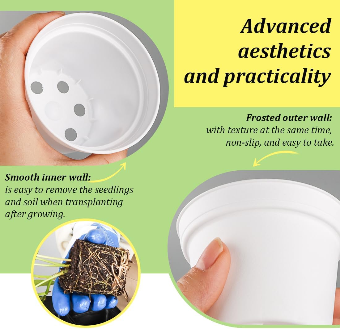 60 Pack 3 Inch White Nursery Pots - Plastic Seedling, Seed Starter, Germination Pots with Drainage for Plants, Succulents, Flowers, Transplanting Gardening Gifts