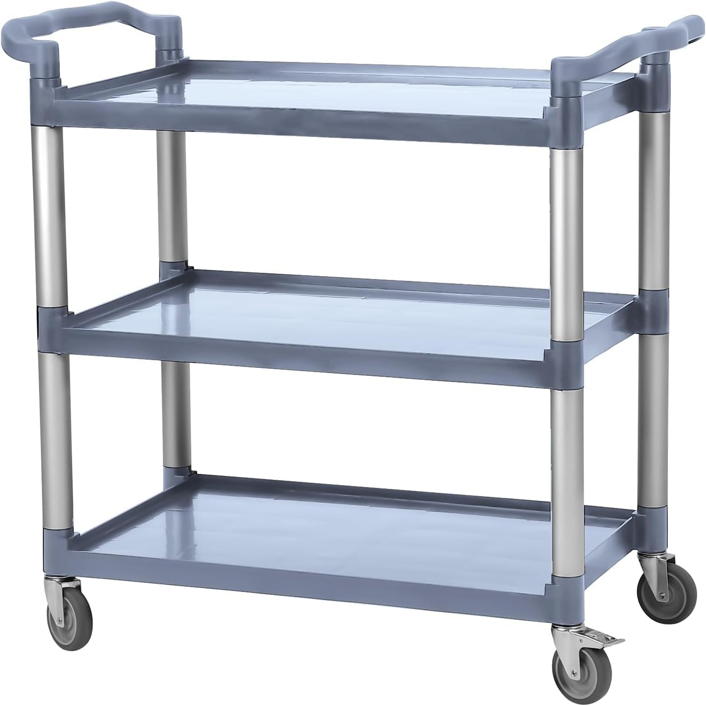 3-Tier Rolling Utility Cart with Wheels – Heavy Duty Plastic 3-Shelf Push Cart for Commercial, Restaurant, Foodservice, Office & Kitchen | Grey Service Cart
