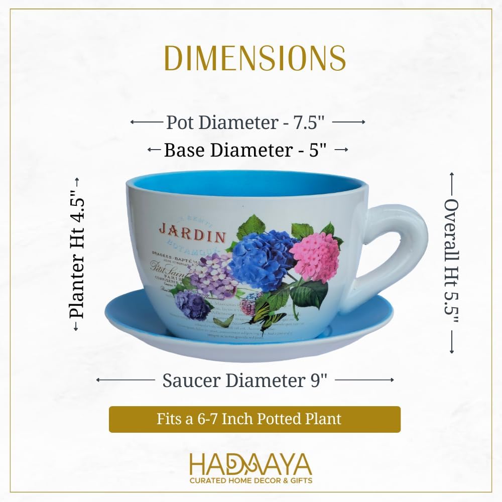7.5" Ceramic Teacup Planter Pot with Saucer | Ideal for Succulents, Orchids, Herbs & Flowers | Indoor Use| Thoughtful Gift for Birthday, Gift Basket, Sympathy & More – Blue Hydrangea Jardin
