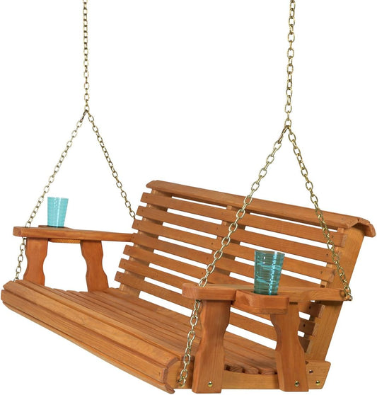 Amish Casual 5 Foot Roll Back Heavy Duty Wooden Porch Swing with Cup Holders in Cedar Stain - Amish Made in The USA from Treated Pine, Outdoor Hanging Bench Swing with 700 Lb. Weight Capacity