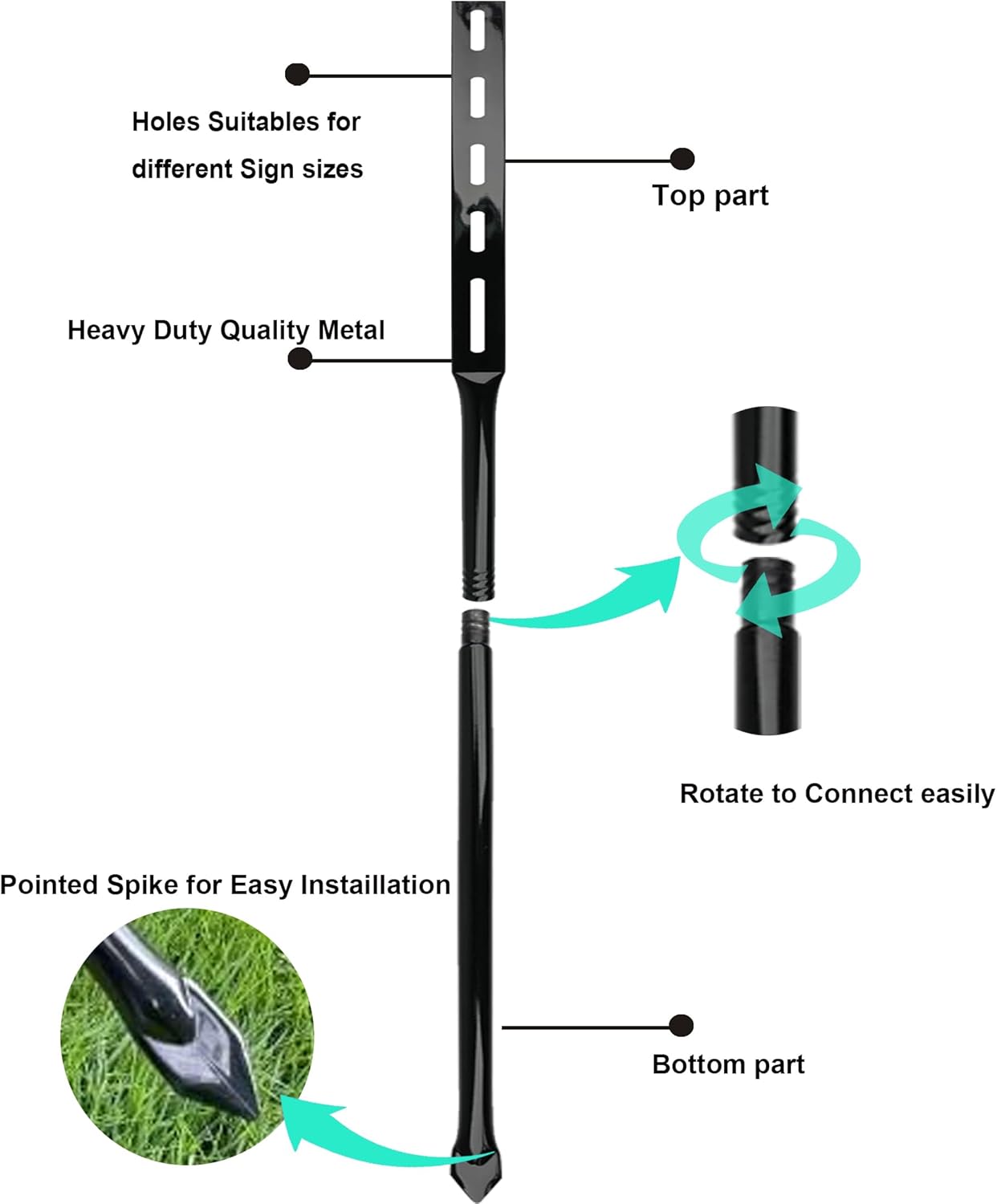 36 Inch Heavy Duty Metal Stakes for Yard Signs, Black, 2 Pack with Hardware, Outdoor Lawn Parking Event Ground Stakes