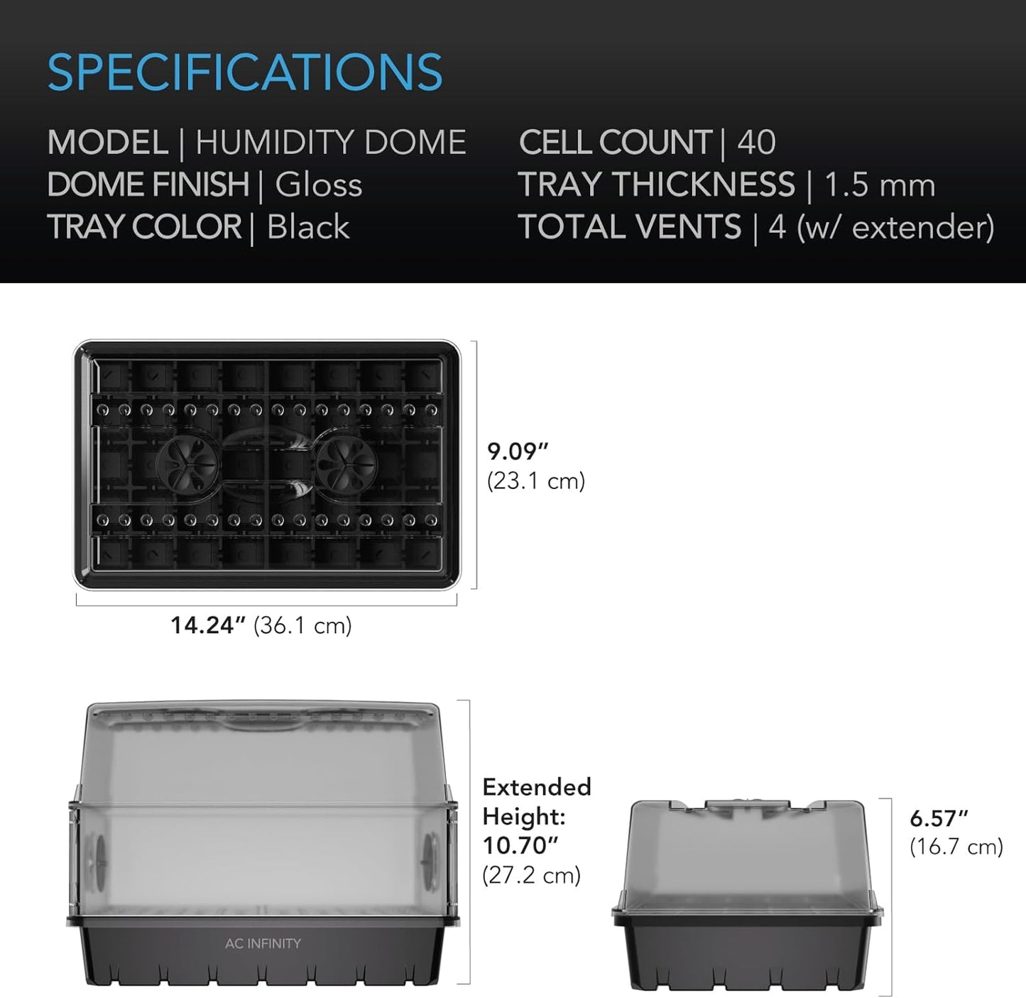 AC Infinity Humidity Dome, Heavy-Duty Germination Kit with 3 mm Thick Dome, Sturdy Drip Tray, 5x8 Cell Seedling Tray, and Vented Height Extension Panels, for Seed Starting, Propagation, Cloning Plants
