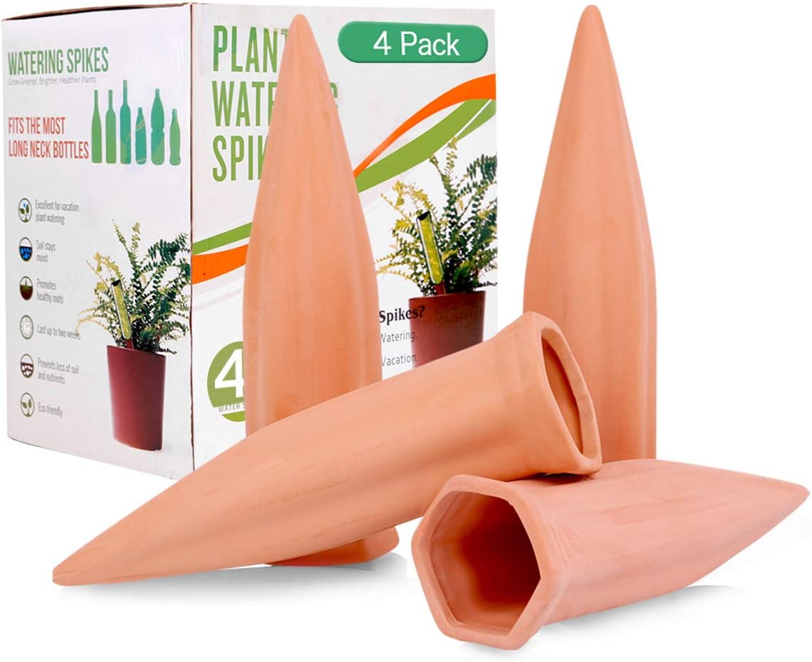 Automatic Plant Waterers for Vacations, 4 Pack Terracotta Self Watering Spikes for Wine Bottles Indoor & Outdoor Plants