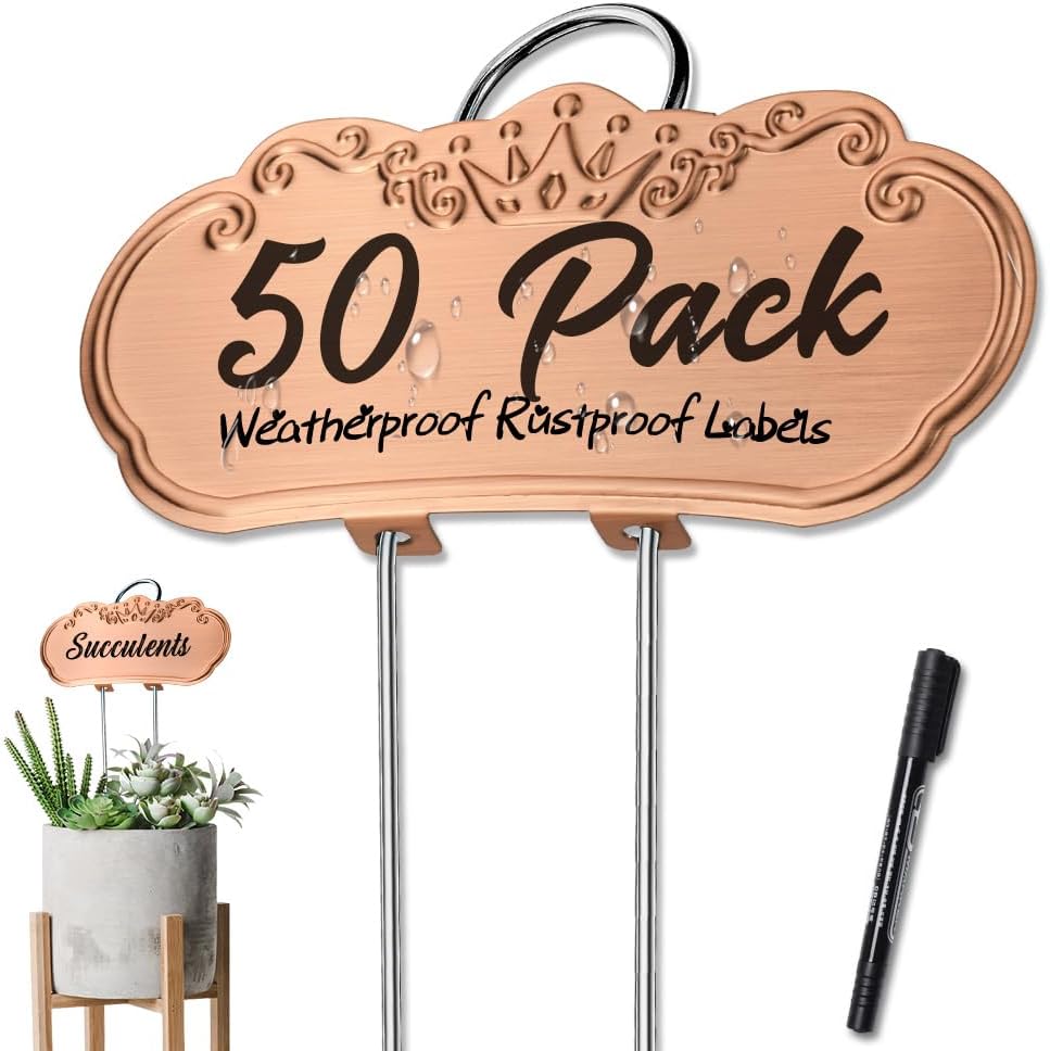 50 Packs Metal Plant Labels, Tall Outdoor Garden Markers for Flowers, Fruits and Vegetables, 304 Stainless Steel Weatherproof Signs (4" x 1.9", Gold)