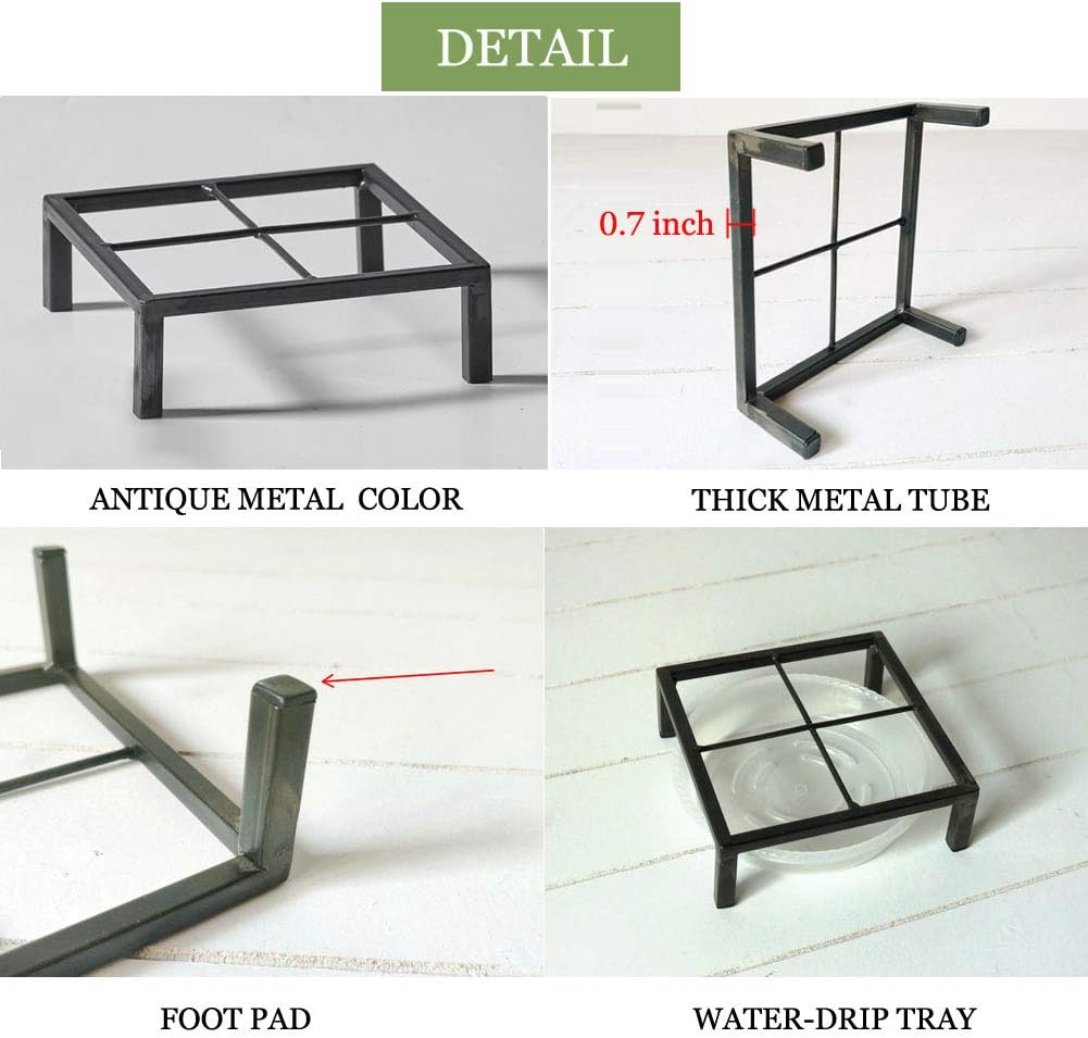 8" Metal Heavy Duty Potted Plant Stand Flower Pot Holder with Saucer Indoor Outdoor Rustproof Iron Garden Container Square Supports Rack for Planter ,2 Pack(iron color )