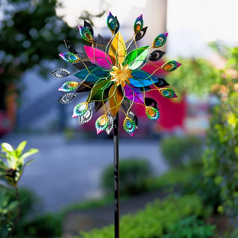 DREAMYSOUL Outdoor Kinetic Wind Spinner 360 Degree Rotate, Double-Sided Large Metal Wind Spinners for Yard and Garden, 16" Dia * 66" H Tall Wind Sculpture & Spinners