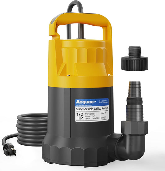 Acquaer 1/2HP Sump Pump, 2906GPH Submersible Water Pump for Water Removal in Hot Tubs, Pools, Basements, and Garden Ponds