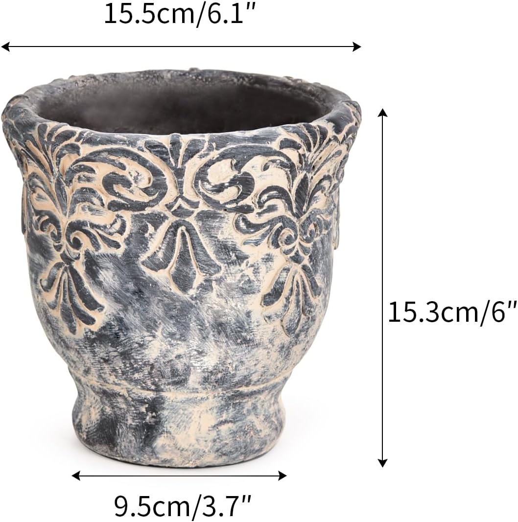 Sungmor 6.1 Inch Cement Plant Pot for Plants, Succulent Planter with Embossed Design, Vintage Concrete Flowerpots with Drainage Hole, Decorative Orchid Houseplant Pot Indoor Outdoor Plant Container