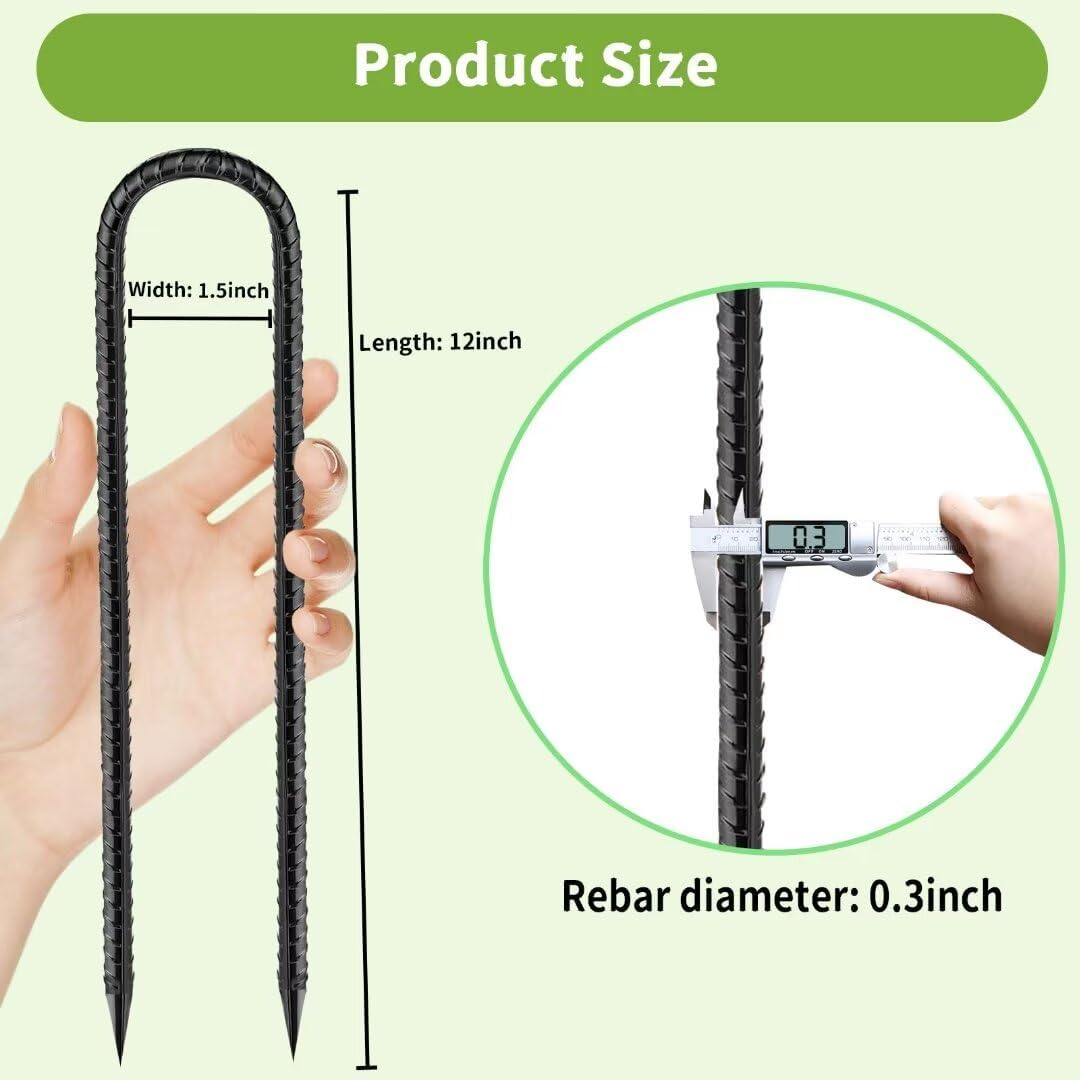 Ground-Stakes-Heavy-Duty-12 inch, U-Hook Rebar Stakes Black Coated Anti-Rust 16pcs Garden Stakes Metal Ground Anchors for Garden Dog Fence Chicken Coop Christmas Decorations Deer Fence