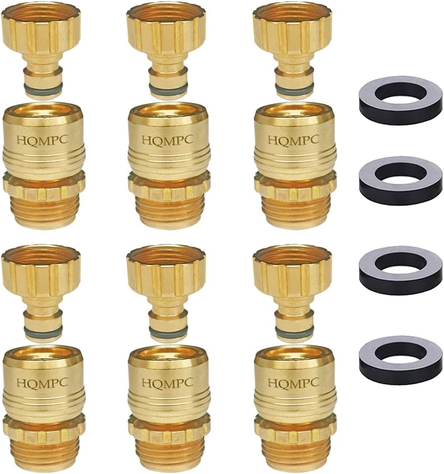 HQMPC Garden Hose Quick Connect No Pb Solid Brass Quick Connector Garden Hose Fitting Water Hose Connectors 3/4 inch GHT (6SETS)