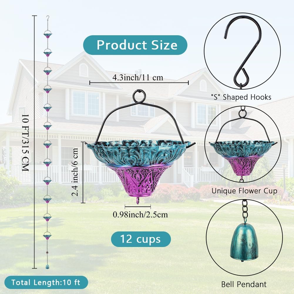 10FT Rain Chains for Outside, Rain Gutter Chain with 12 Flower Cups, Adjustable Rainwater Catcher Chain for Eaves Drainage, Replacement for Downspout