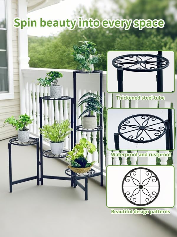 6 Tier Outdoor Plant Stands for Patio Metal Foldable Corner Tall Plant for Indoor Outdoor Shelf Living Room Balcony Garden Patio Black