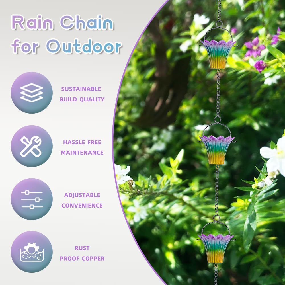 10FT Rain Chains for Outside, Rain Gutter Chain with 12 Lily Cups, Adjustable Rain Water Chain with Bell for Eaves Drainage, Replacement for Downspout