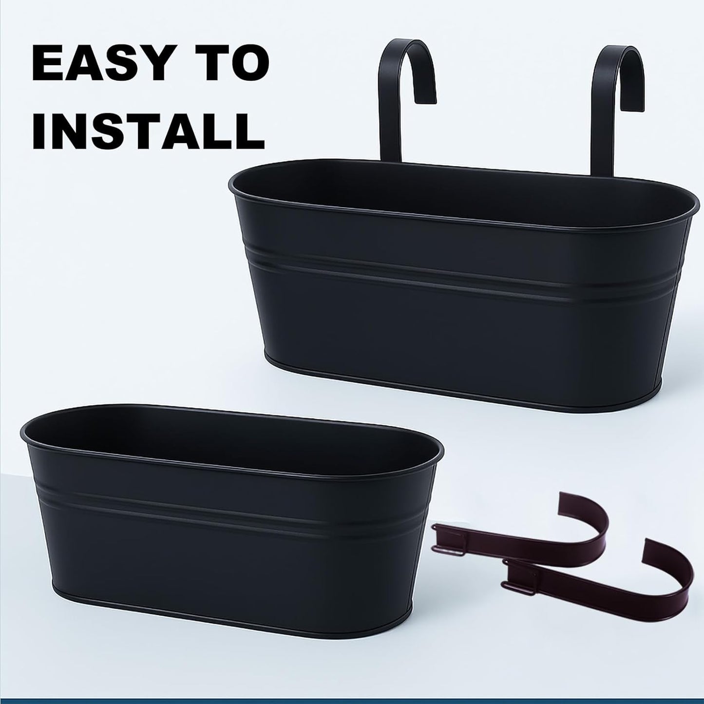 Balcony Planters 16 Inch Railing Hanging Metal Planters with Hooks for Outdoor Plants Flower Boxes for Fence Patio Deck 3 PCS(Black)