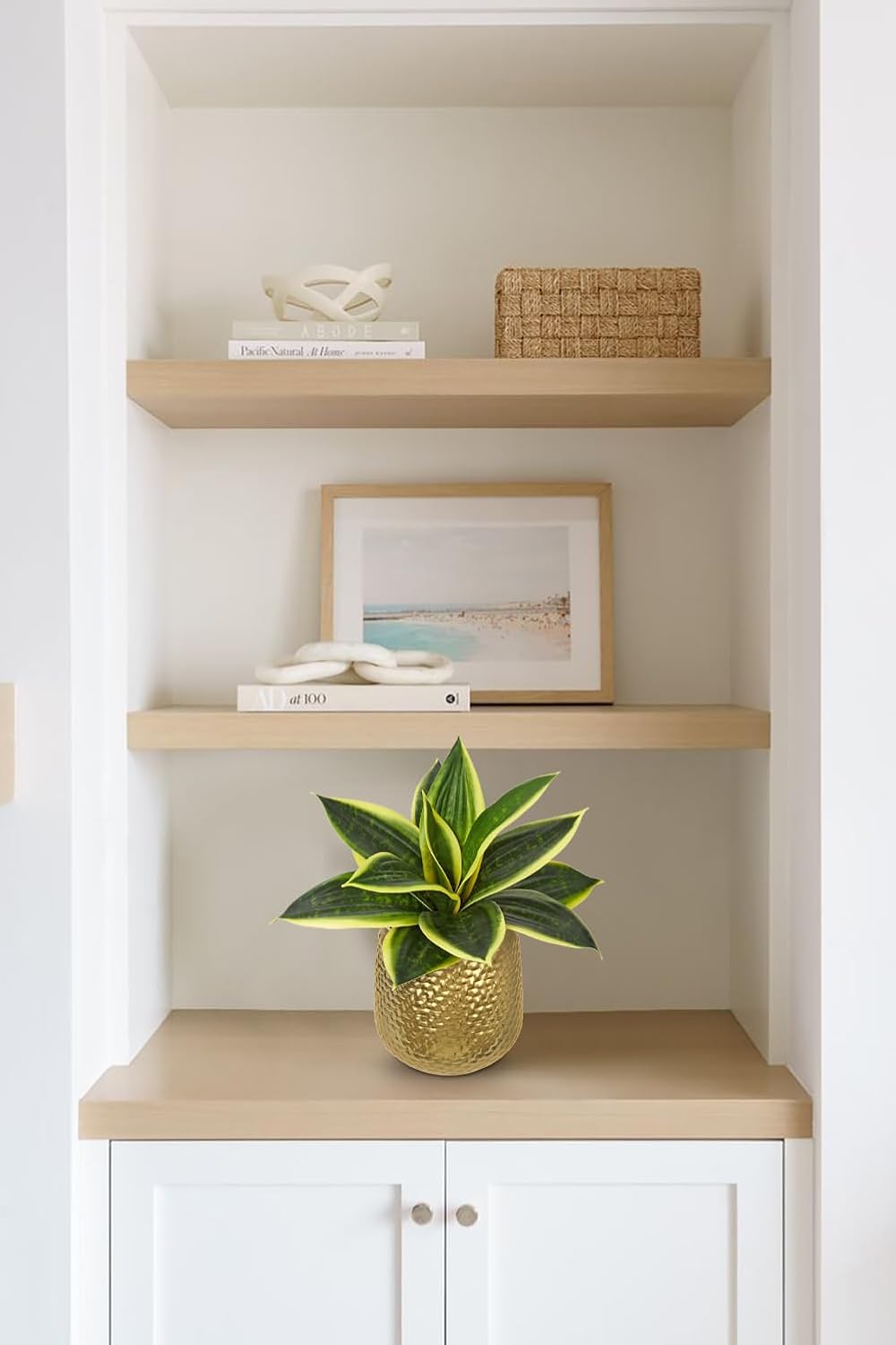 Hollyone Artificial Snake Plants 9" Faux Agave Succulent Plant Potted in Gold Metal Pot Fake Sansevieria Aloe Tropical Plant for Desk Modern Office Home Bathroom Indoor Outdoor Decor