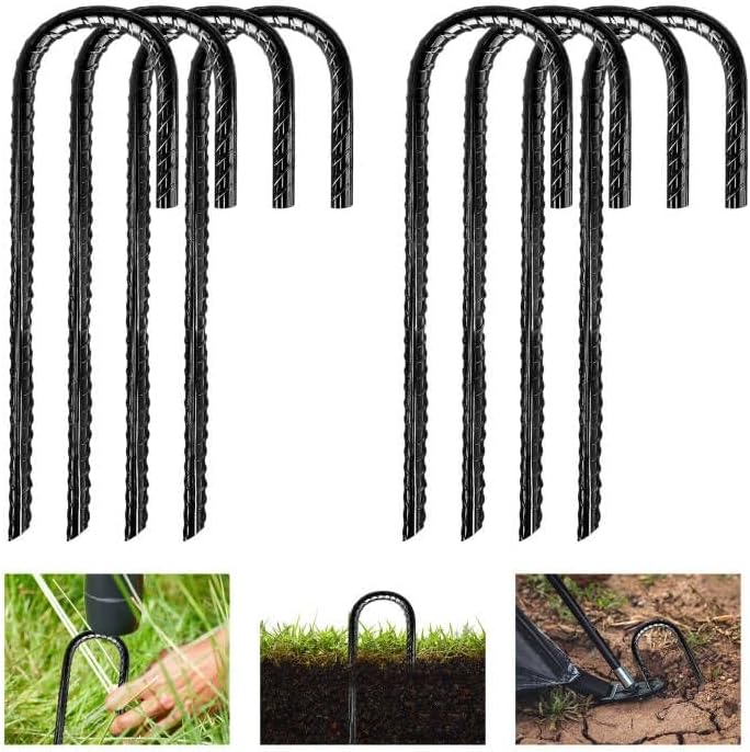 8 Pack Garden Rebar Stakes 3/8″ High Thick J Hook Heavy Duty Galvanized Steel Ground Anchors Chain Link Fence Stakes for Camping Tent, Trampoline(Black)