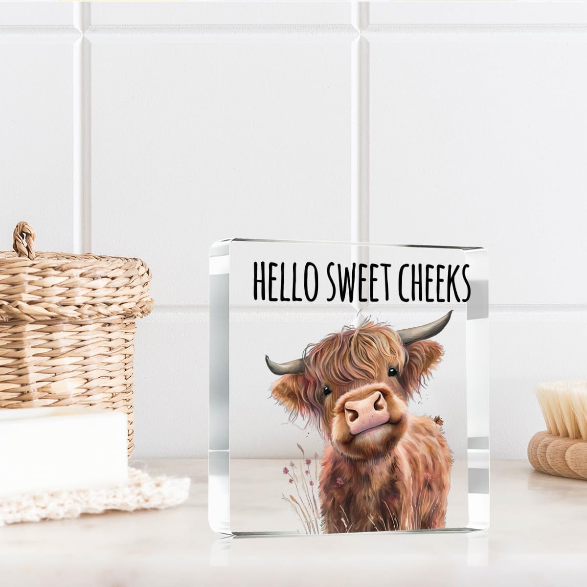 Highland Western Cow Bathroom Decor Gifts,Hello Sweet Cheeks Funny Acrylic Sign Bathroom Decor for Western & Highland Cow Lovers Gifts for Coworker, Friends, Boss, Men, Women 4x4 Inch