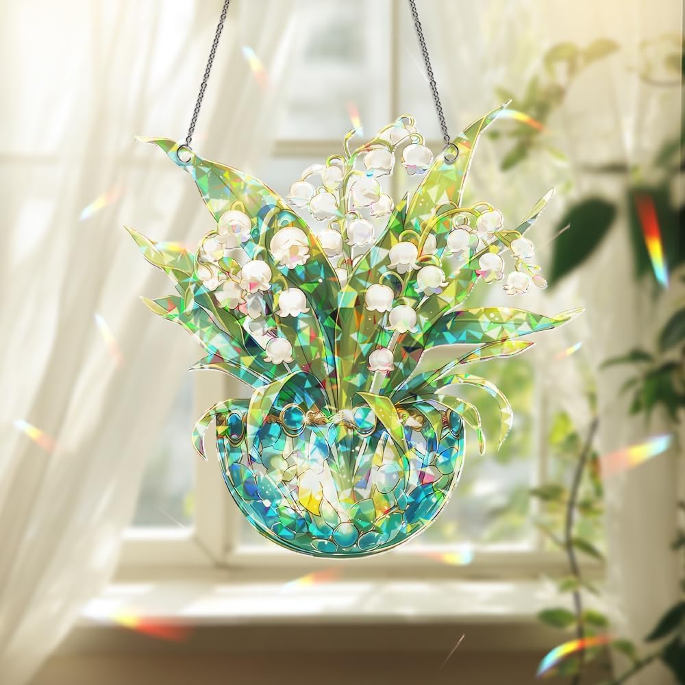 Lily of The Valley Acrylic Suncatcher – Stained Glass Ornament, Sun Catchers for Windows Hanging, Window Decor and Handmade Gift Idea, Gifts for Mom, Grandma, Nana, Plant Lovers