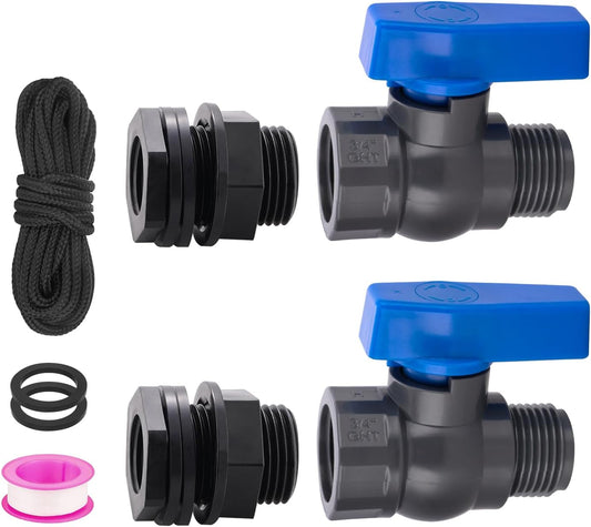 PVC Rain Barrel Spigot Kit 2 Pack 3/4" GHT Garden Hose Shut Off Valve With Bulkhead Fitting Garden Hose Thread Ball Valve for Water Adapter Tanks, Aquariums, Tubs, Pools