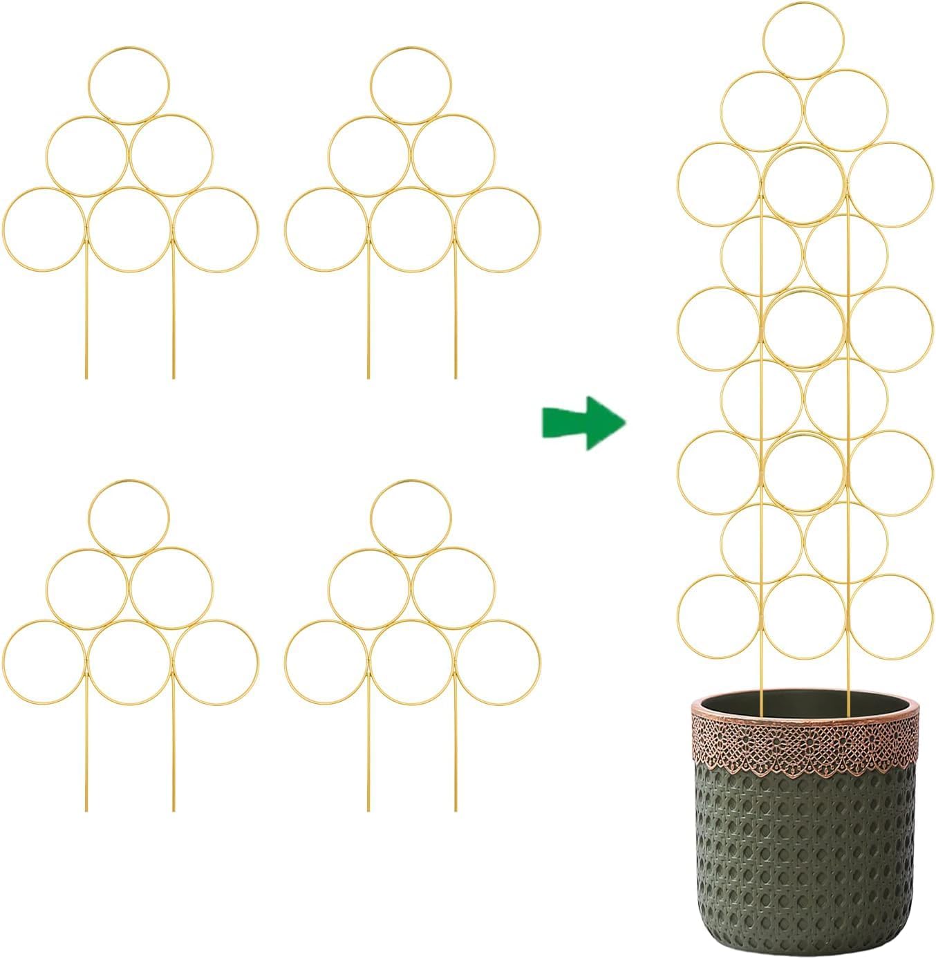4 Pack Plant Trellis Indoor 15.7 Inch for climbing plants indoor Small Garden Trellis for Potted Plant Support Metal Wire Stackable Trellis Houseplant for Monstera Vines Lvy Pothos Accessories(4 gold)