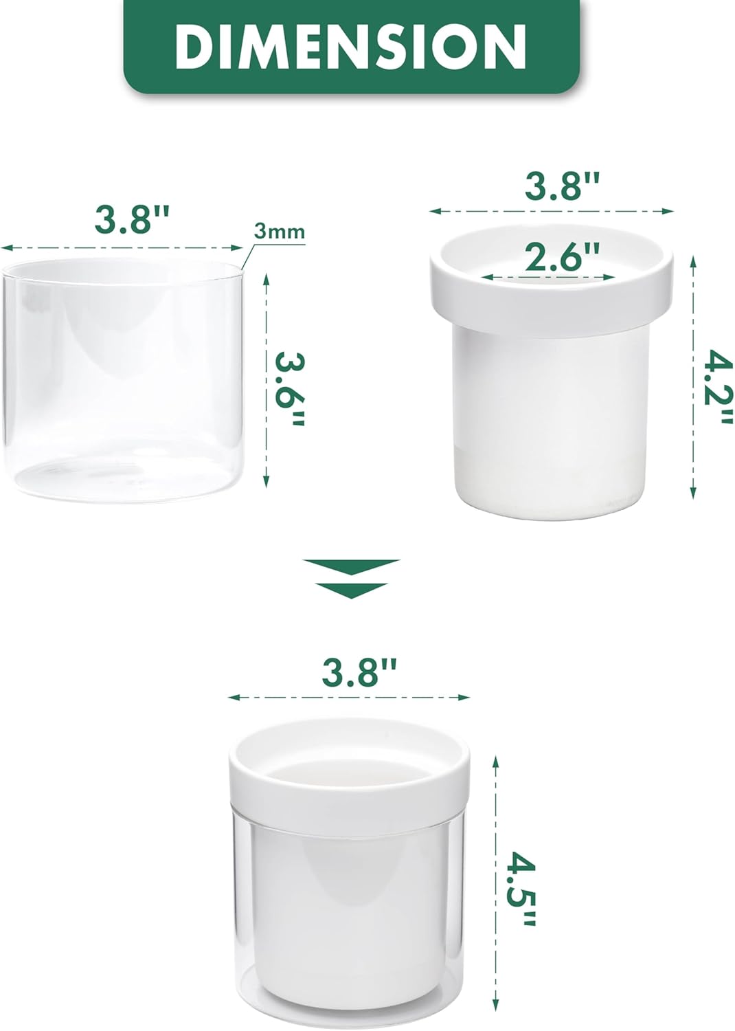 Phoenix Vine 4 Inch Self Watering Planter, White Terracotta Clay Pot with Glass Reservoir for Indoor Plants, Herbs, Flowers, Set of 2, 52-B-E-2