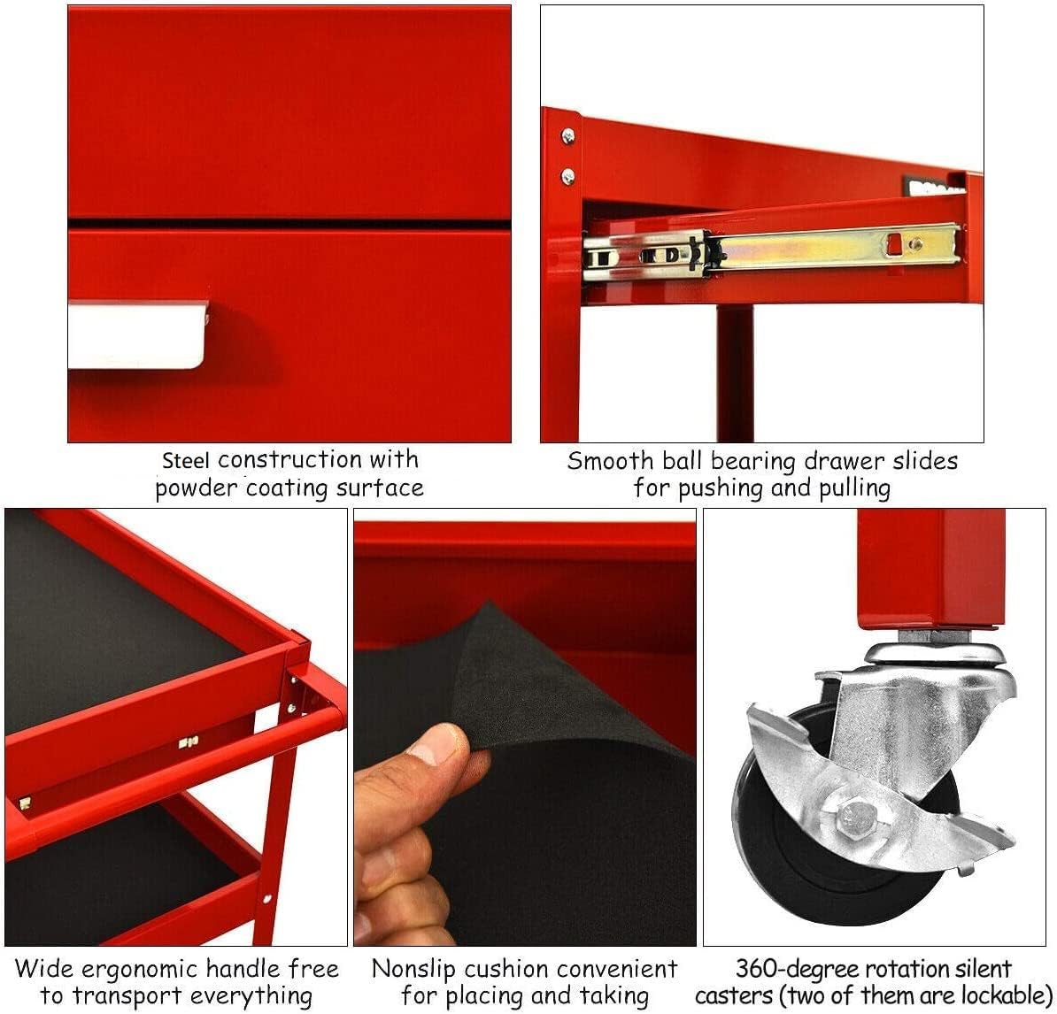 Goplus 3 Tier Rolling Tool Cart, 330 LBS Capacity Heavy Duty Utility Cart Tool Organizer with Storage Drawer, Industrial Commercial Service Tool Cart for Mechanics, Garage, Warehouse & Repair Shop